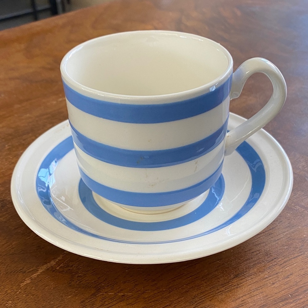 New! W Sticker Carrigaline Pottery Ireland Blue Striped Cup and Saucer